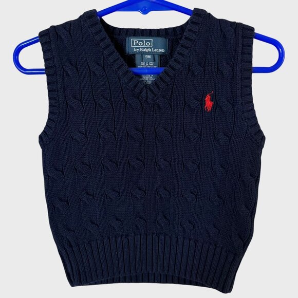 Polo Ralph Lauren Cable Knit V-Neck Sweater Vest Navy Blue Baby Boy's Size 9M - Picture 1 of 9